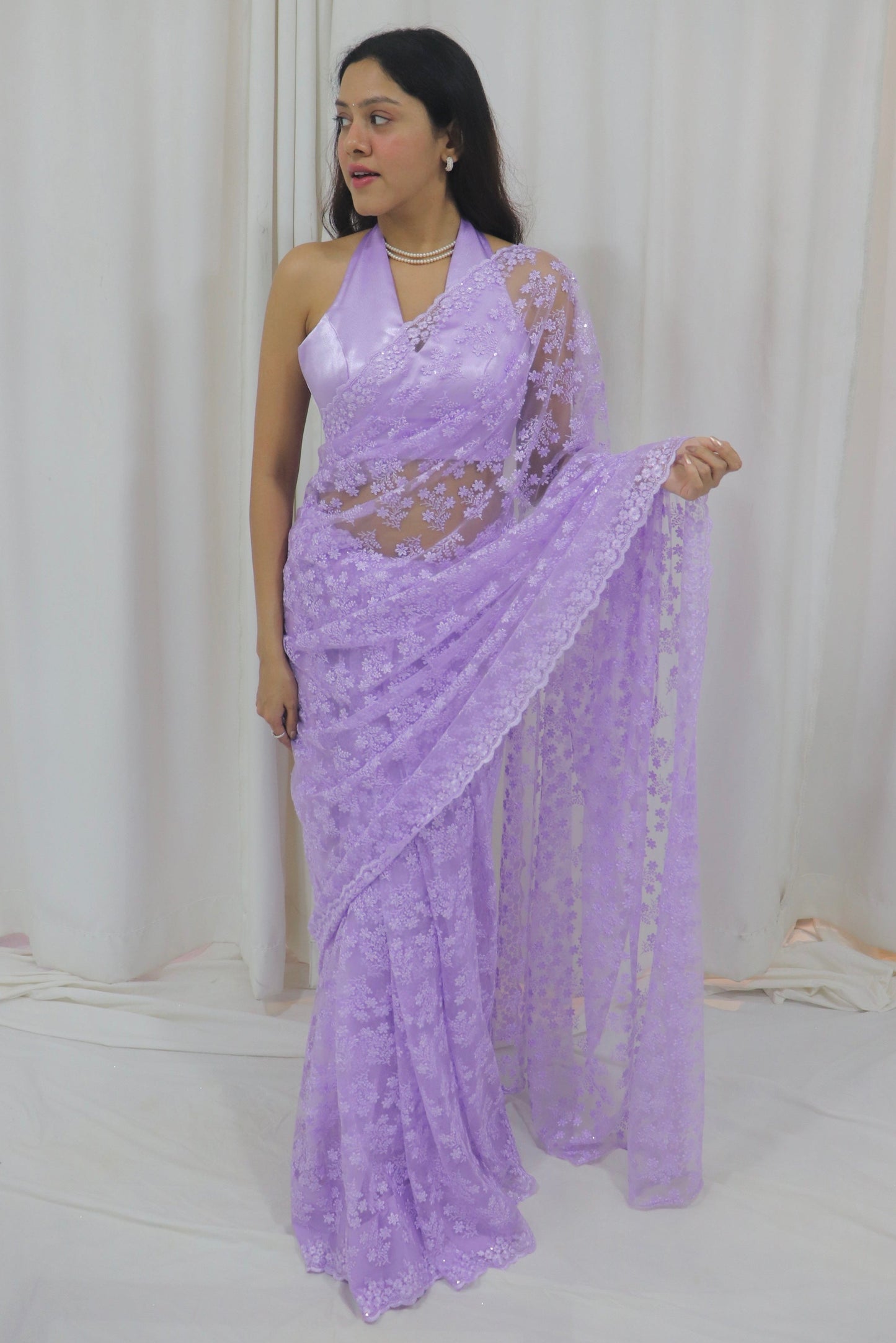 Bahaar Saree- lavender lace net saree with satin halter blouse