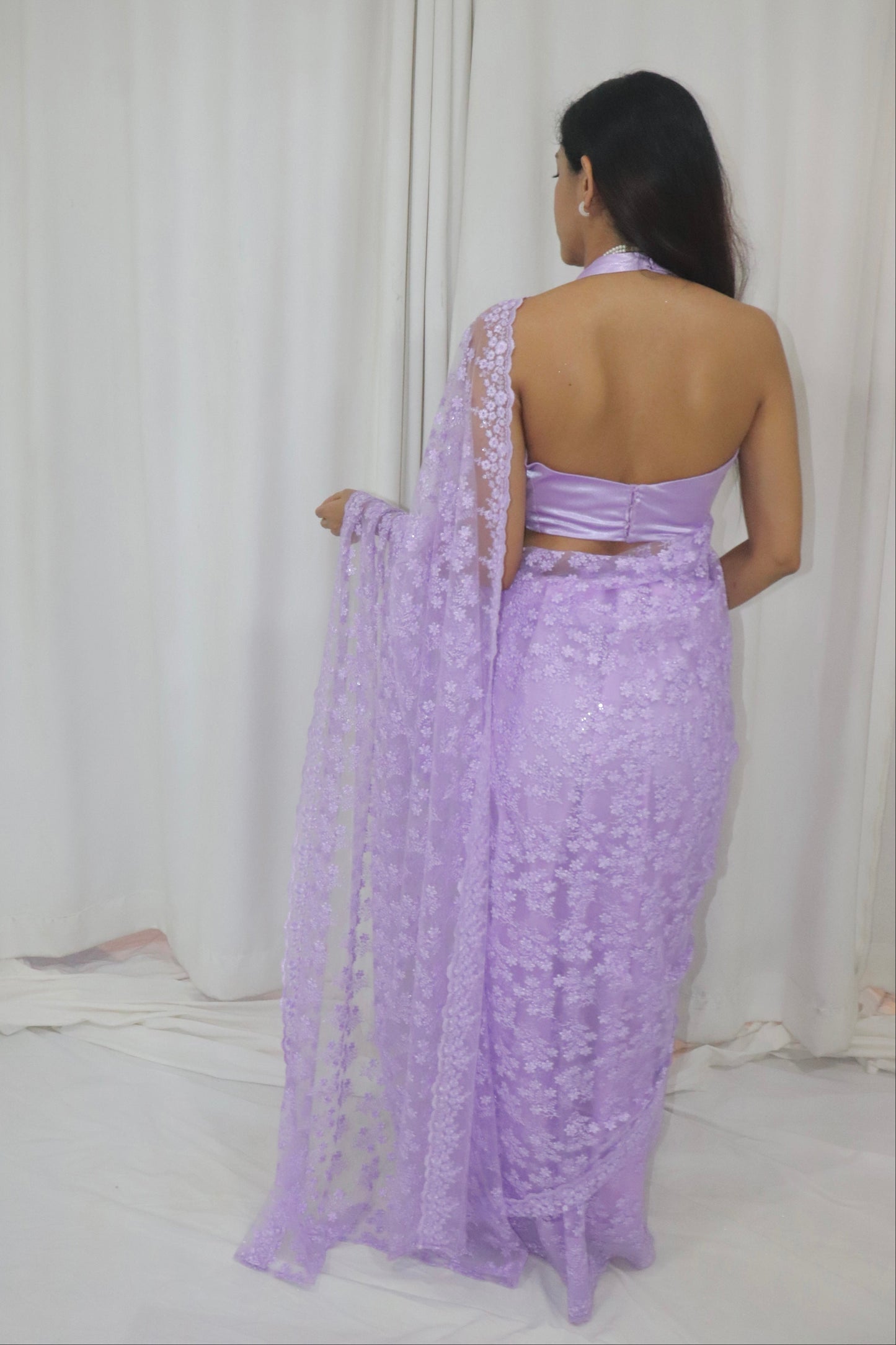 Bahaar Saree- lavender lace net saree with satin halter blouse