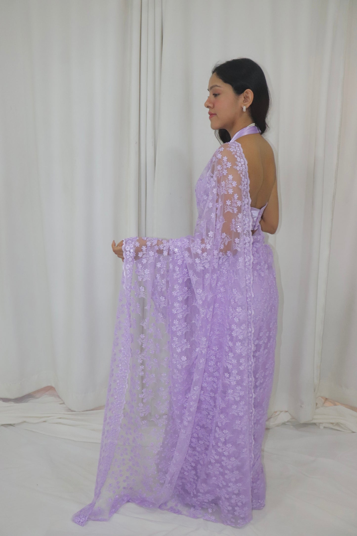 Bahaar Saree- lavender lace net saree with satin halter blouse