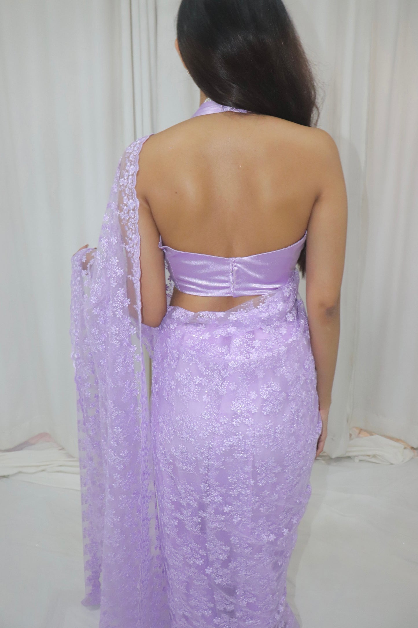Bahaar Saree- lavender lace net saree with satin halter blouse