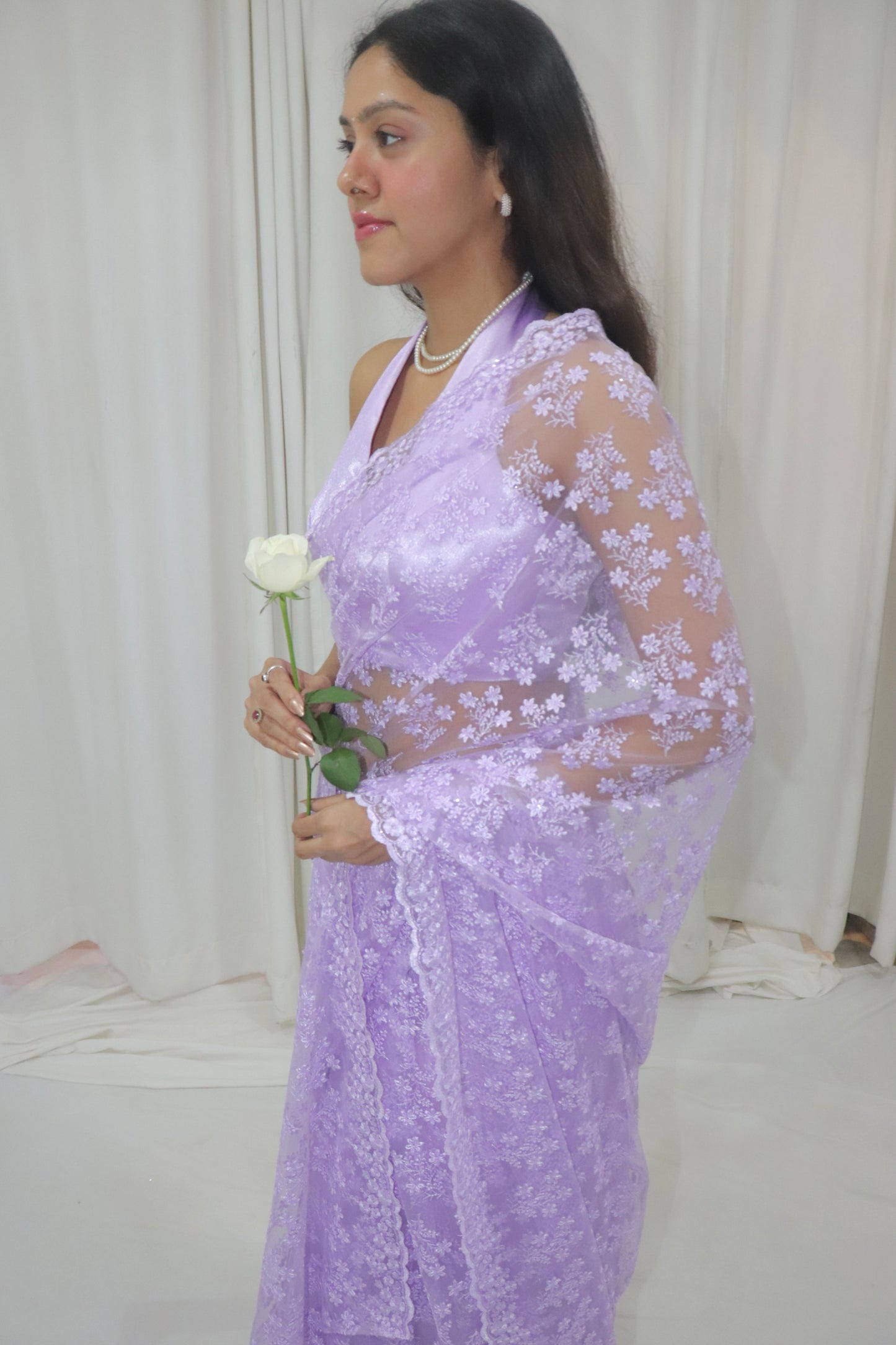 Bahaar Saree- lavender lace net saree with satin halter blouse