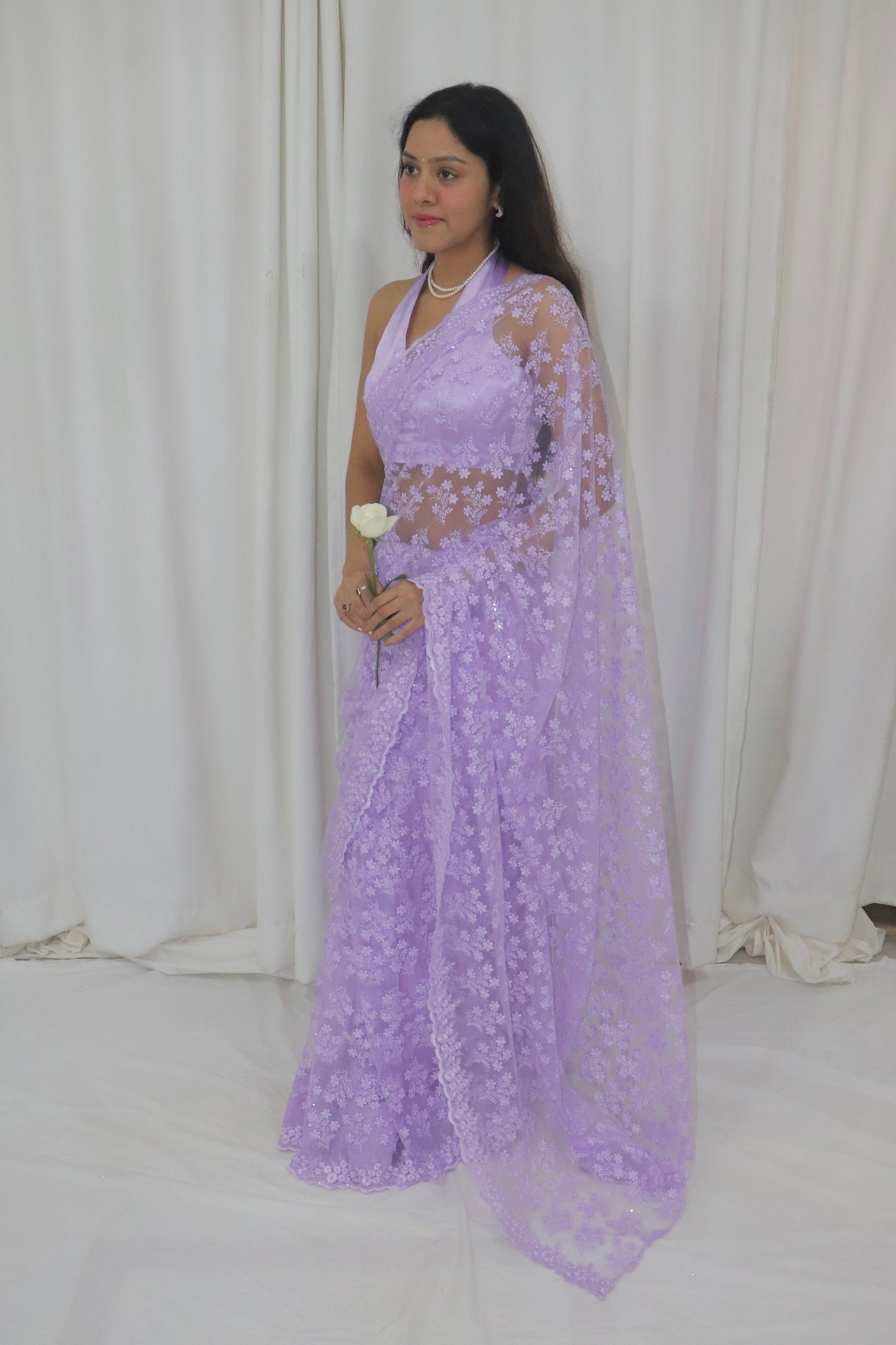 Bahaar Saree- lavender lace net saree with satin halter blouse