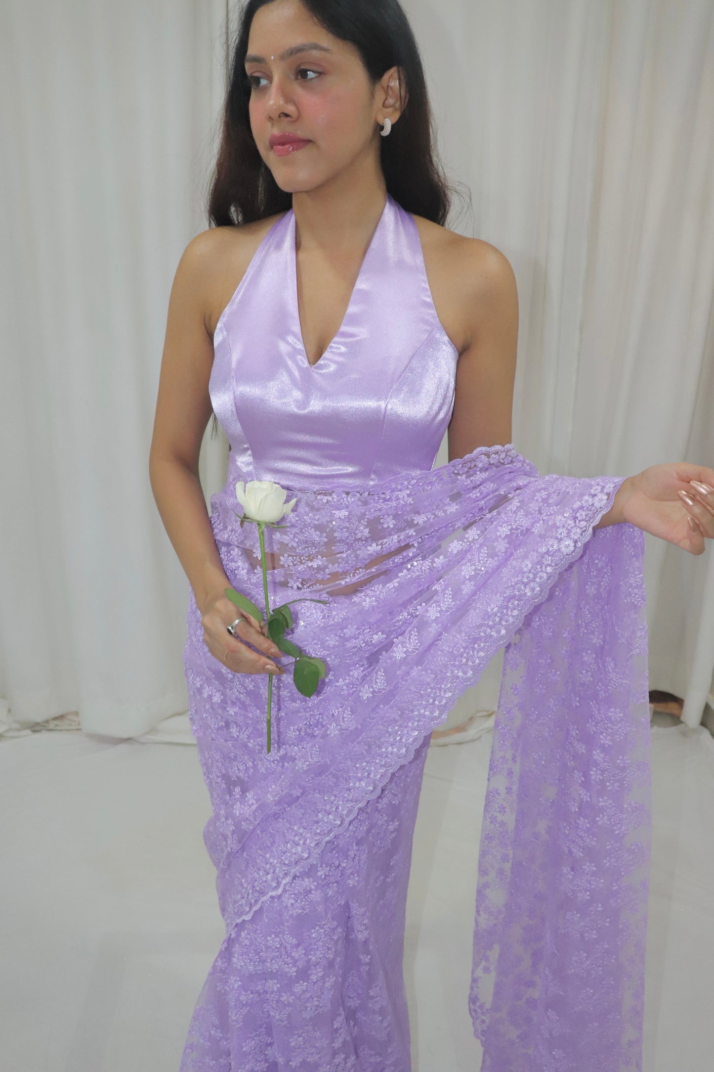 Bahaar Saree- lavender lace net saree with satin halter blouse