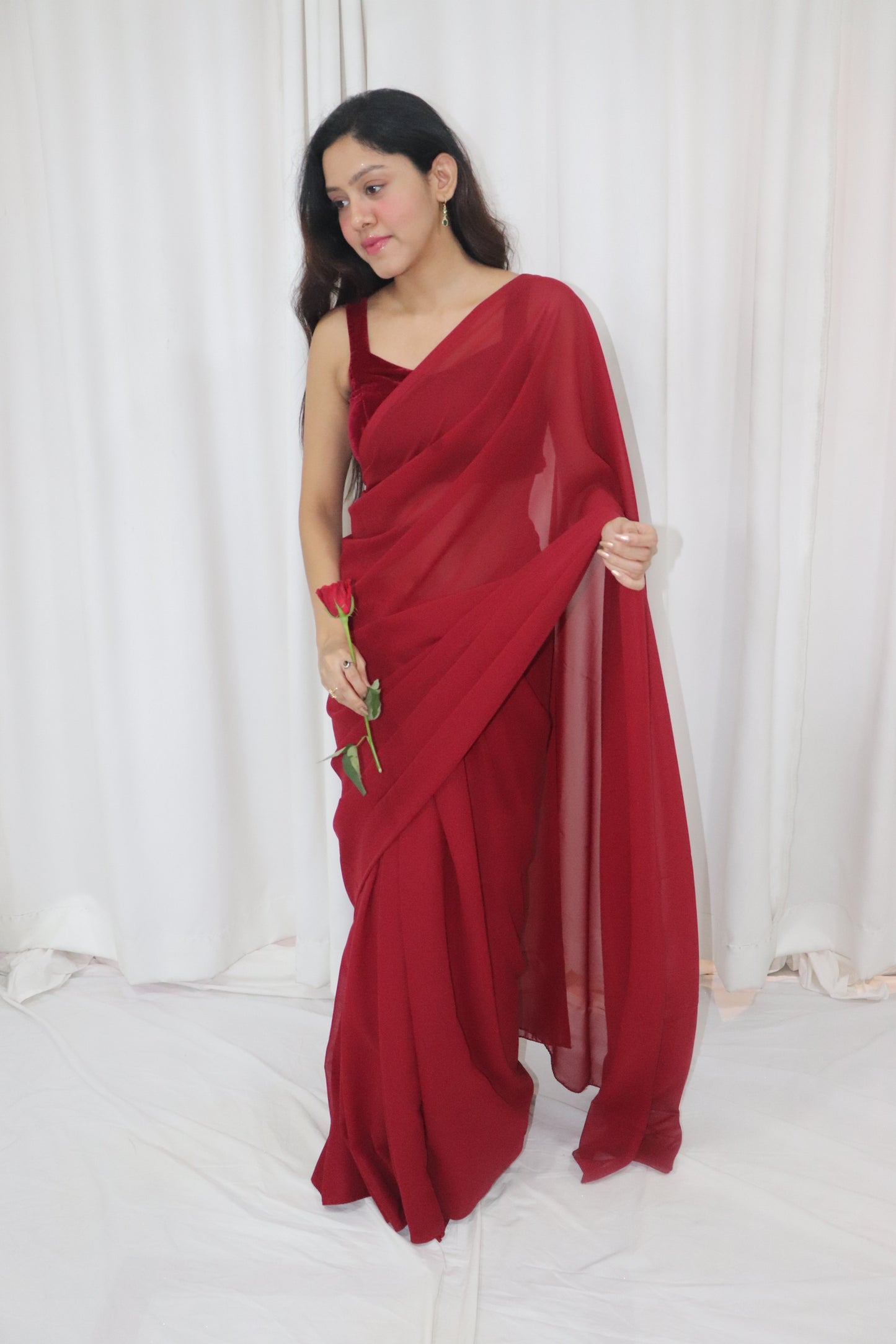 Gulab Saree- maroon georgette saree with velvet sleeveless blouse