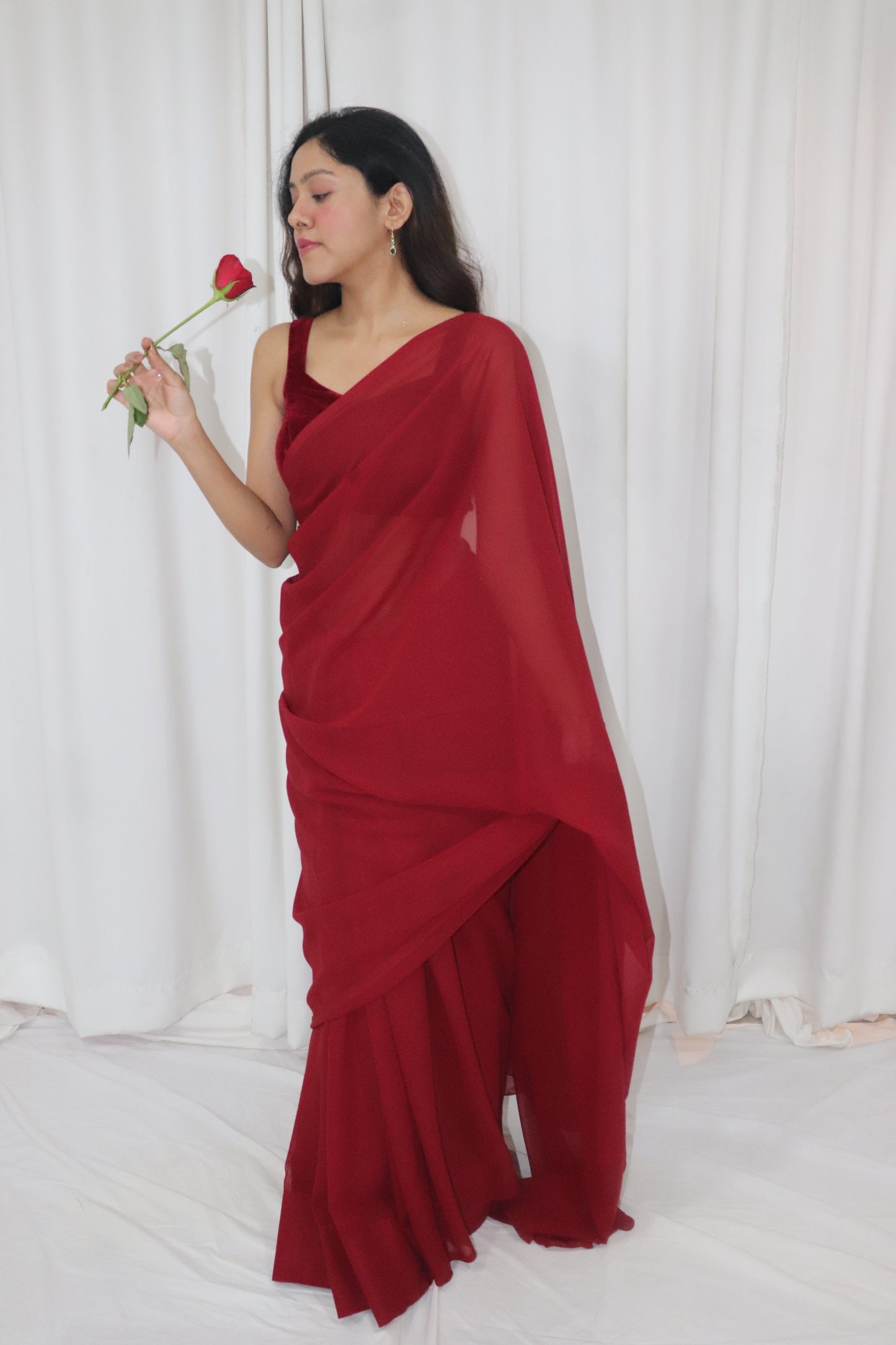Gulab Saree- maroon georgette saree with velvet sleeveless blouse