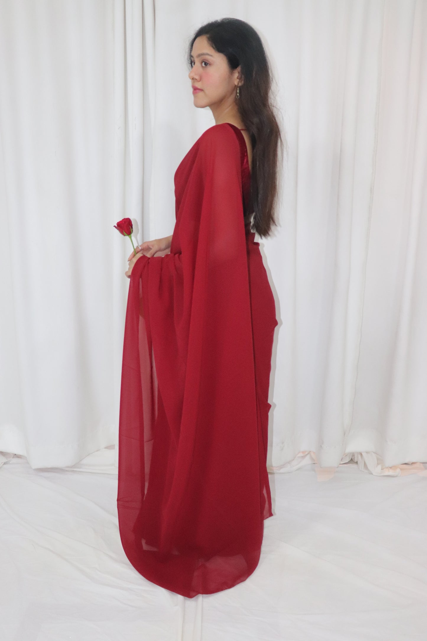 Gulab Saree- maroon georgette saree with velvet sleeveless blouse