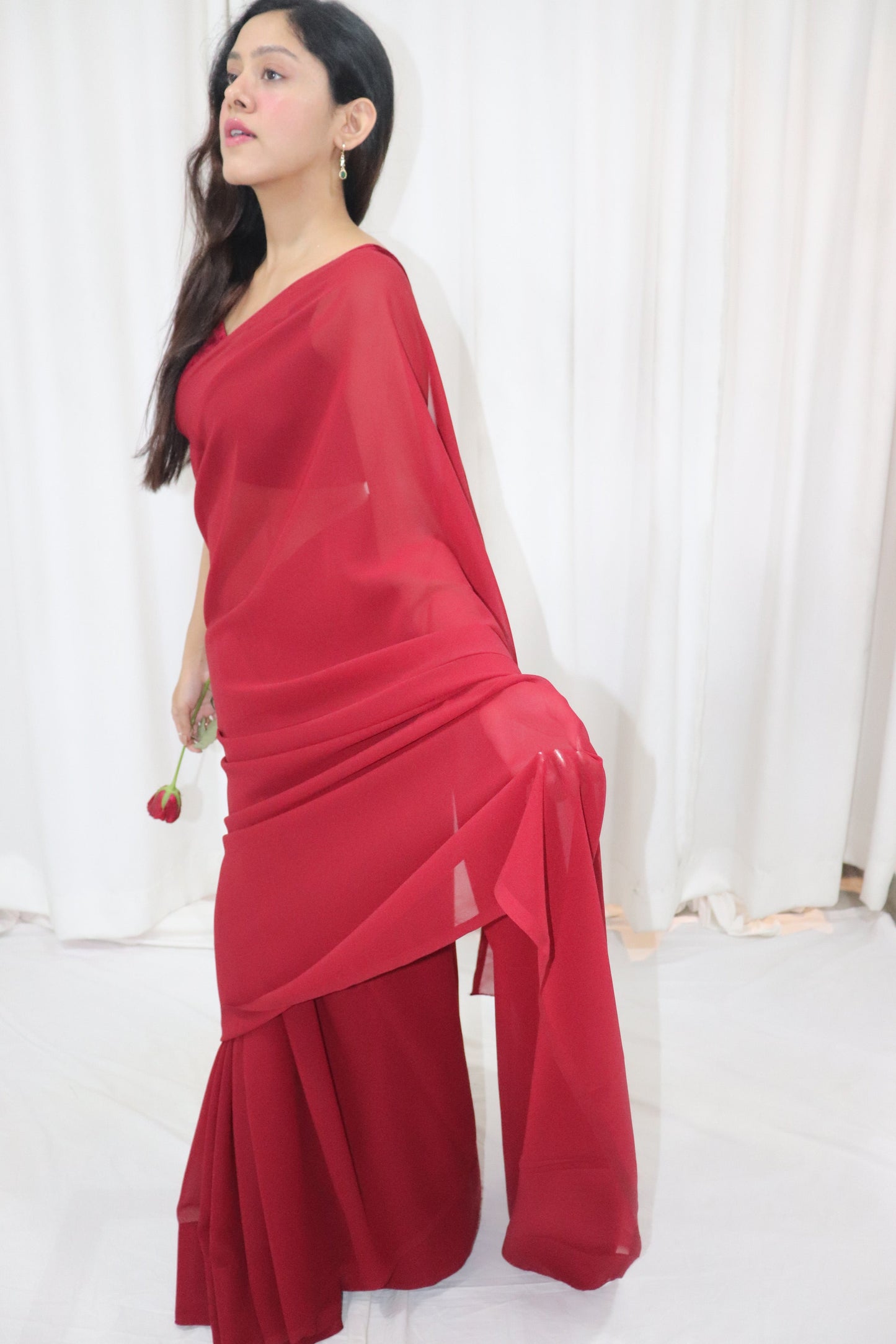 Gulab Saree- maroon georgette saree with velvet sleeveless blouse