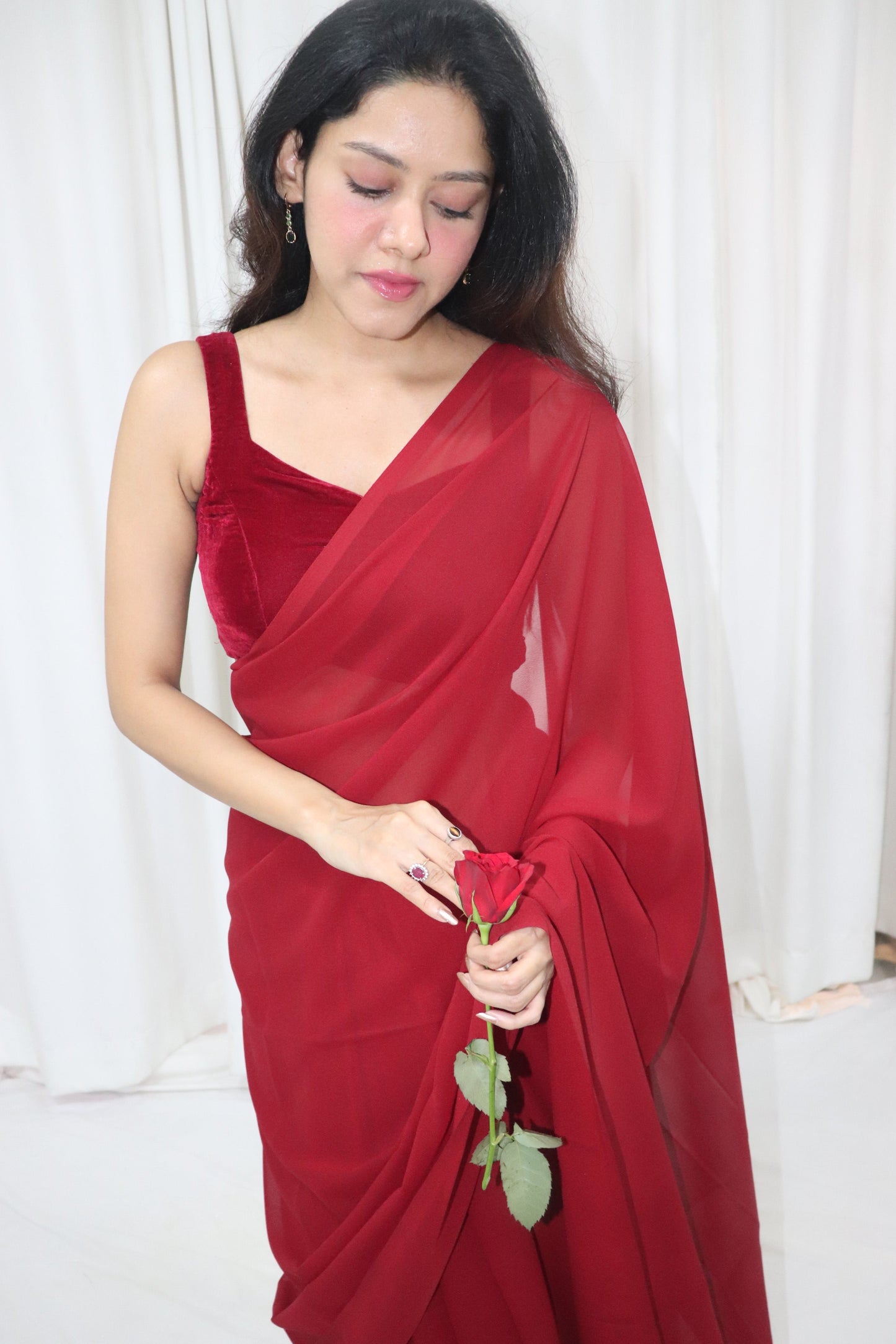 Gulab Saree- maroon georgette saree with velvet sleeveless blouse