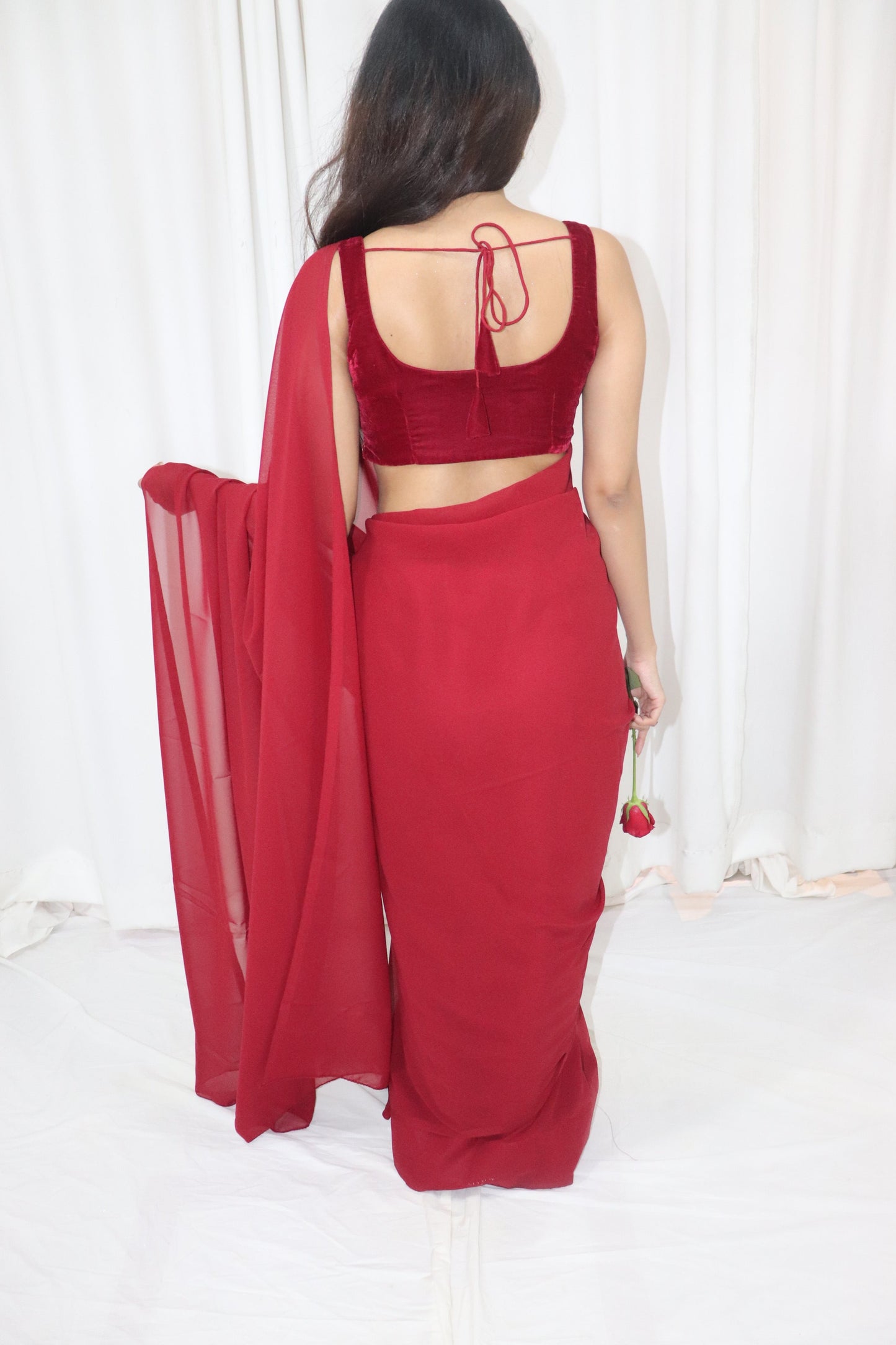 Gulab Saree- maroon georgette saree with velvet sleeveless blouse