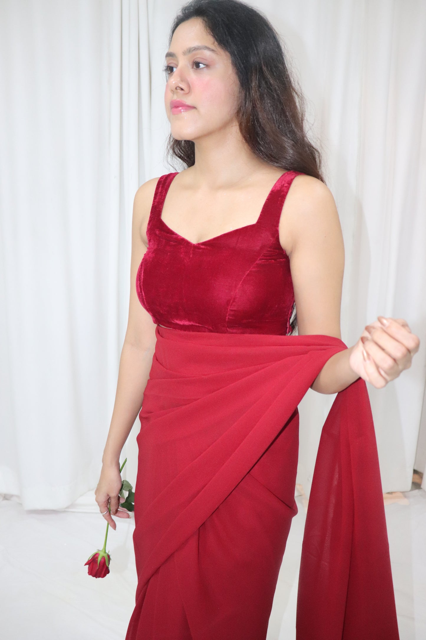Gulab Saree- maroon georgette saree with velvet sleeveless blouse