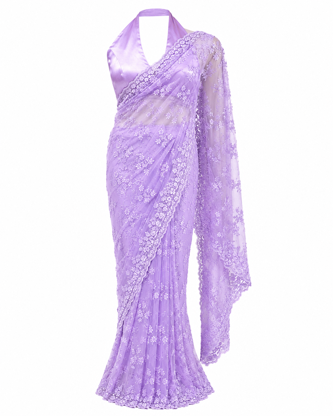 Bahaar Saree Lavender Lace Net Saree & Satin Halter Blouse