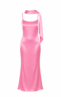 Galentine Pink Satin Dress with Scarf