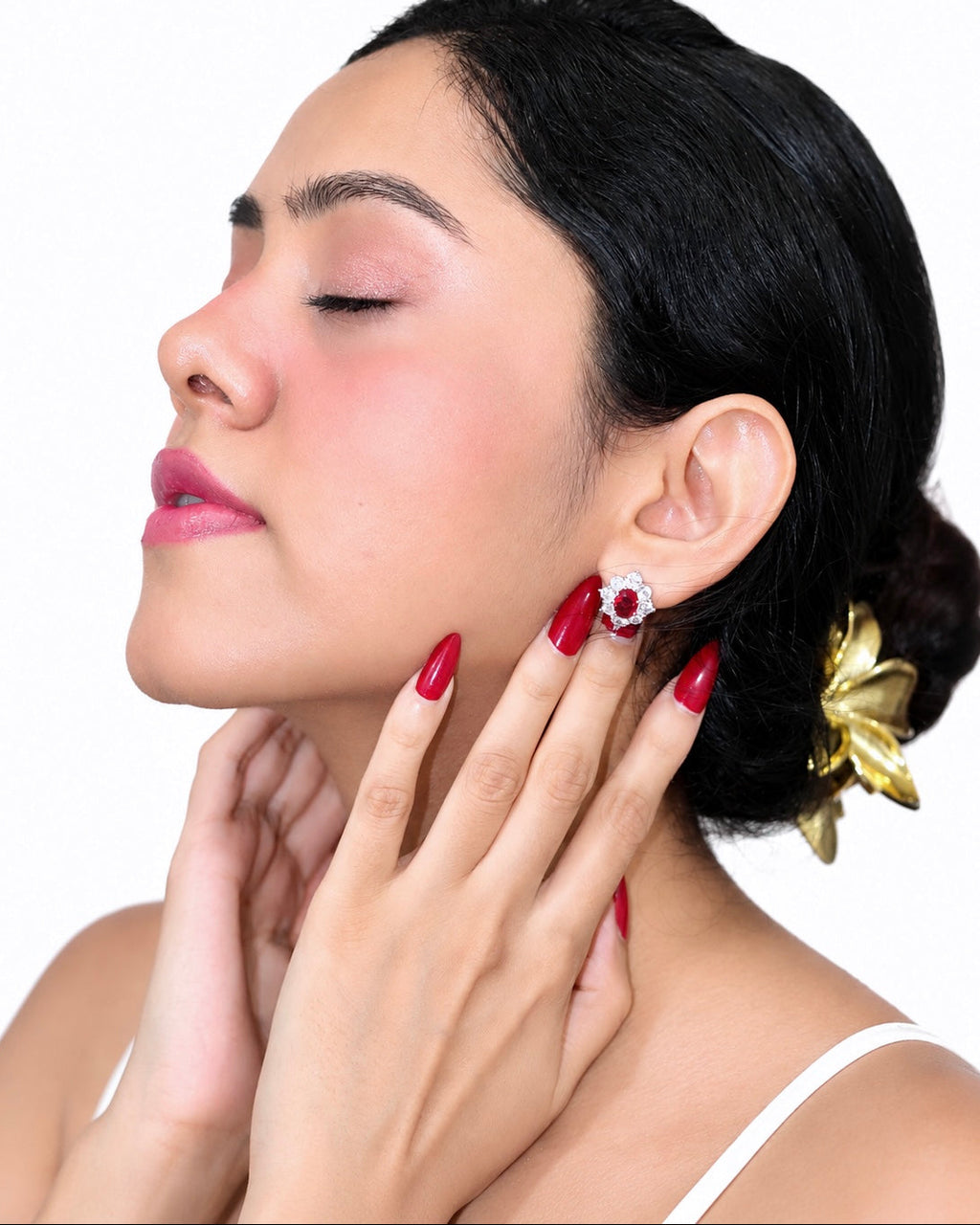 Velvet Ruby Red Oval Stud Earrings