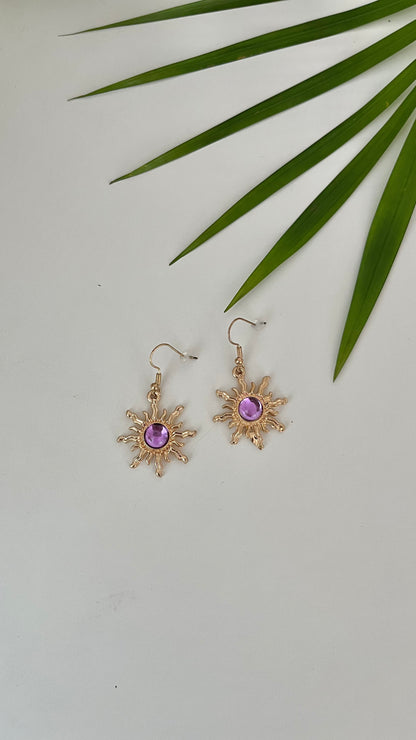 Gold Purple Stone Sun Earrings