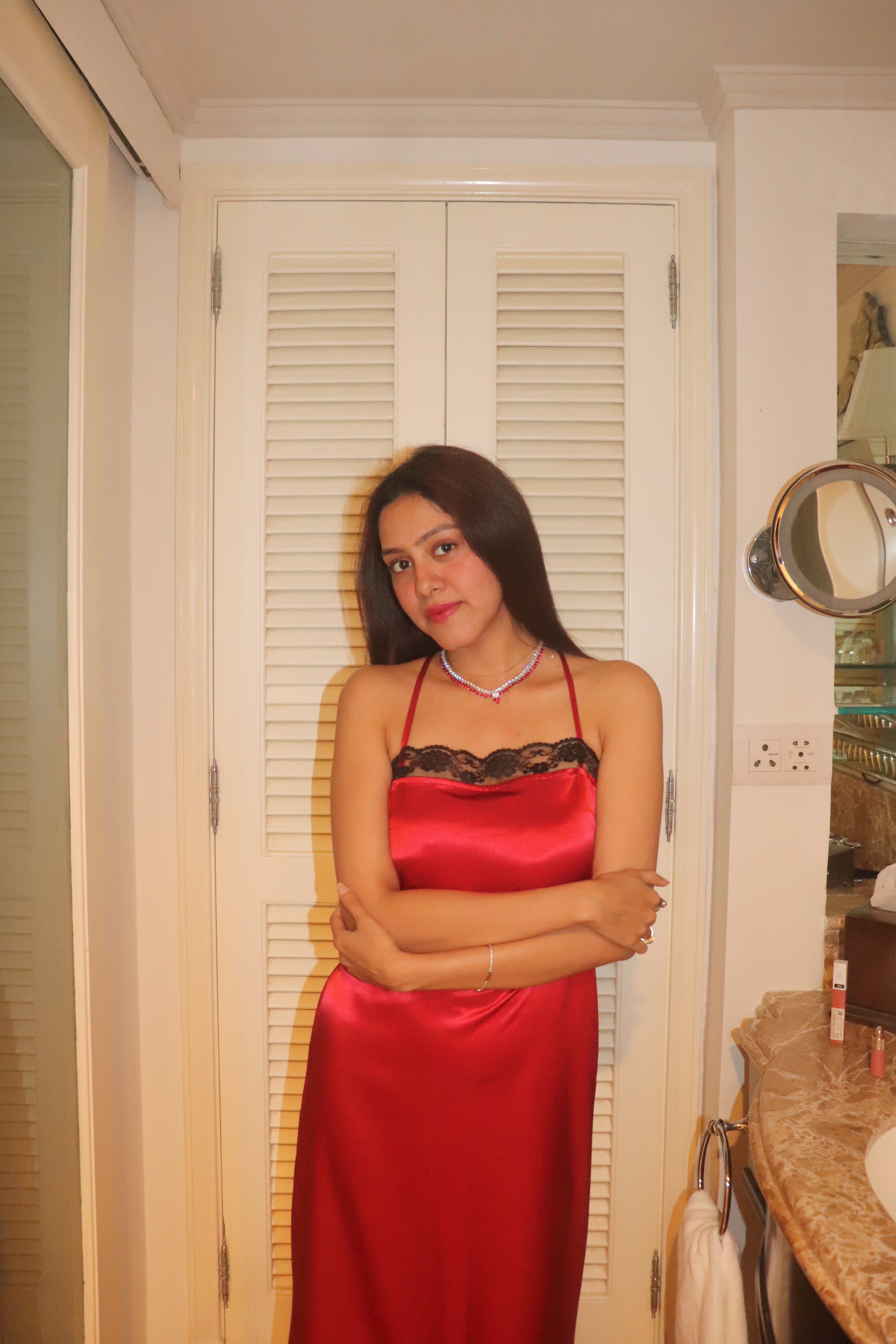 Ruby Red Satin Lace Dress