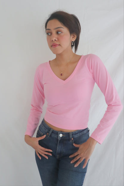 Pink V-Neck Long Sleeve Top