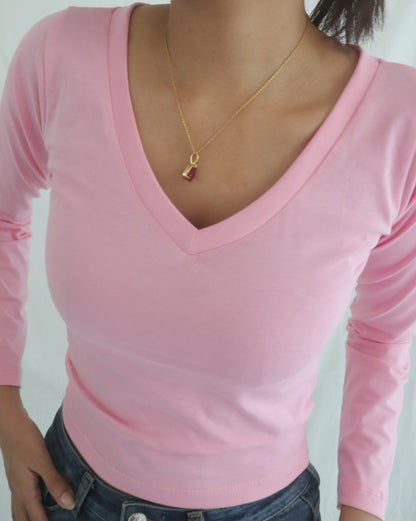 Pink V-Neck Long Sleeve Top