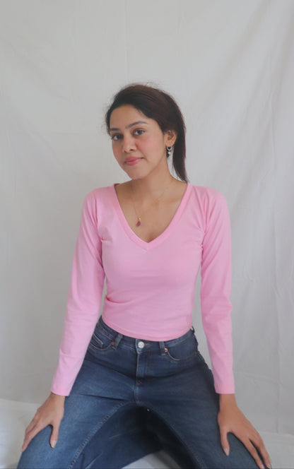 Pink V-Neck Long Sleeve Top