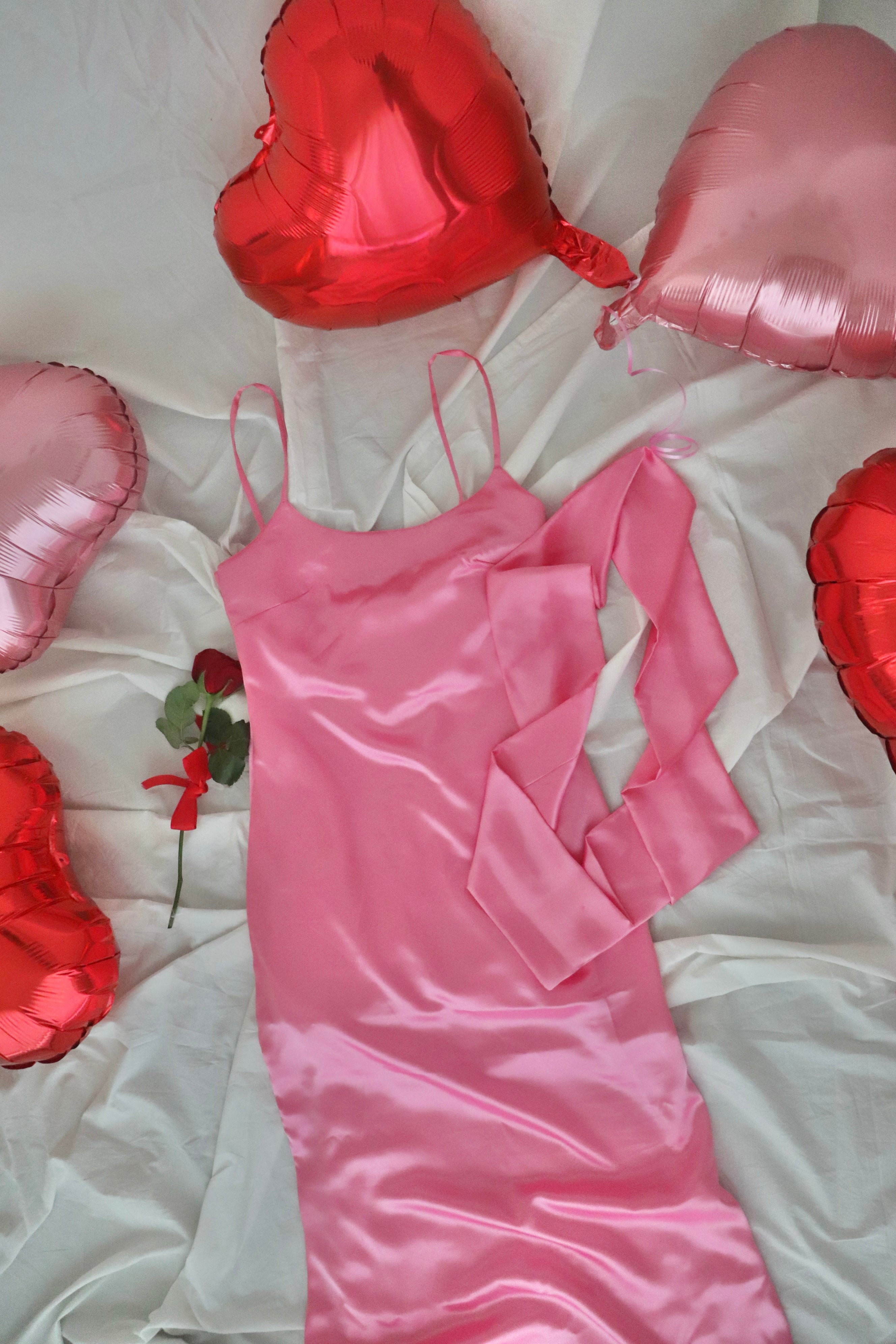 Galentine Dress - Pink Satin Dress with Scarf