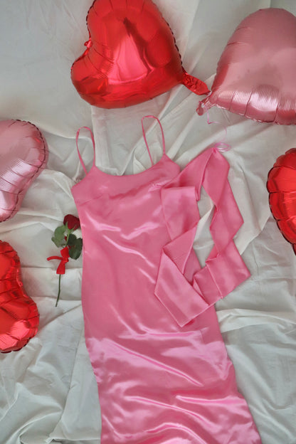 Galentine Dress - Pink Satin Dress with Scarf