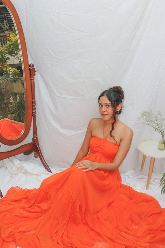 Sunset Dress- Orange Halter Maxi Flare Dress