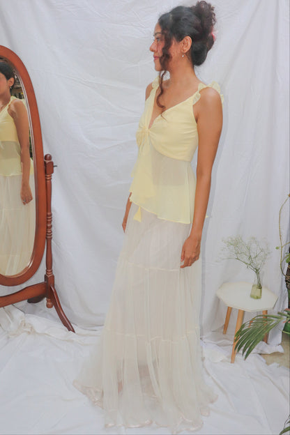 Butter Yellow Top- Yellow V- Neck Front Tie Georgette Top
