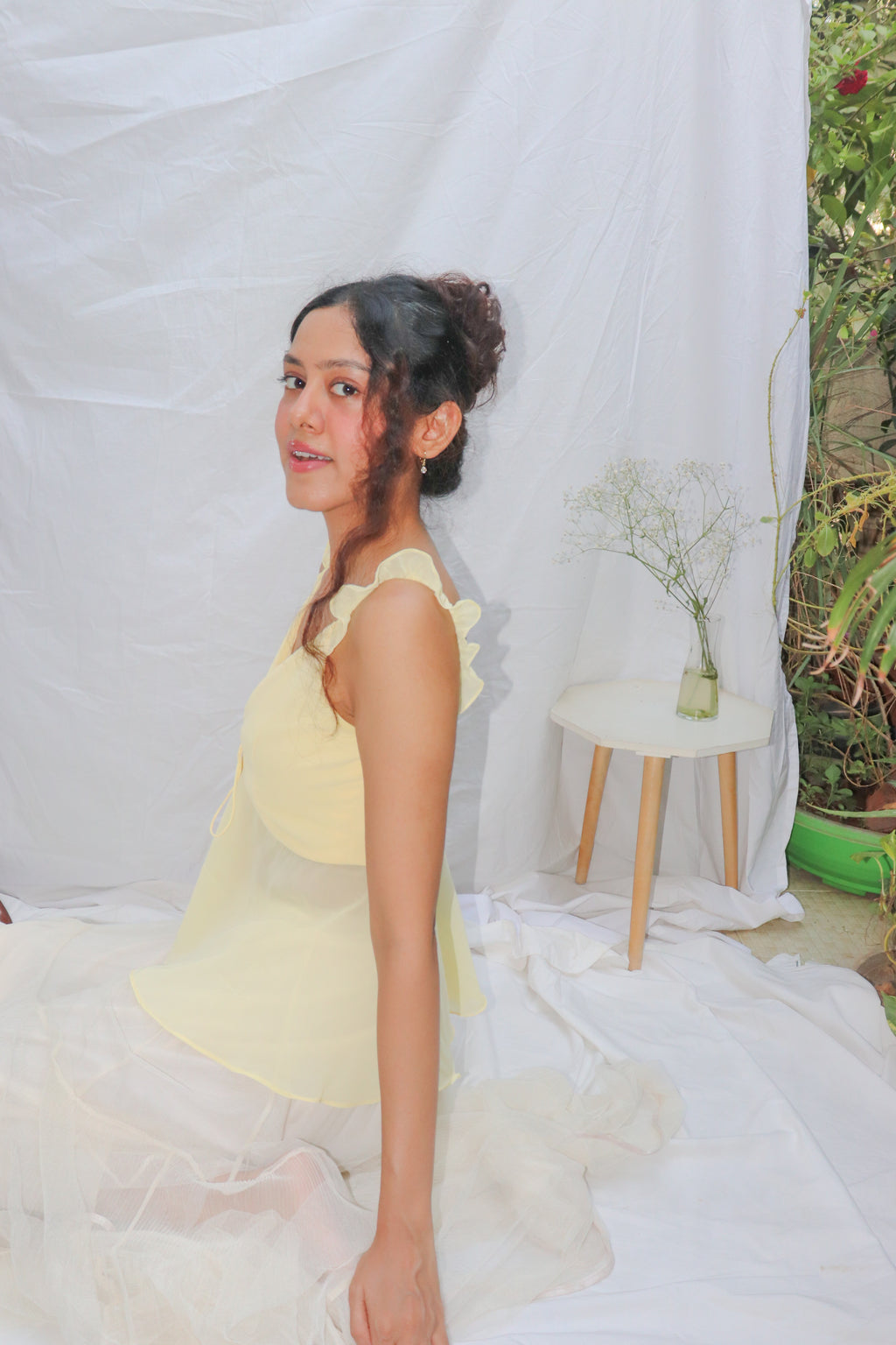 Butter Yellow Top- Yellow V- Neck Front Tie Georgette Top