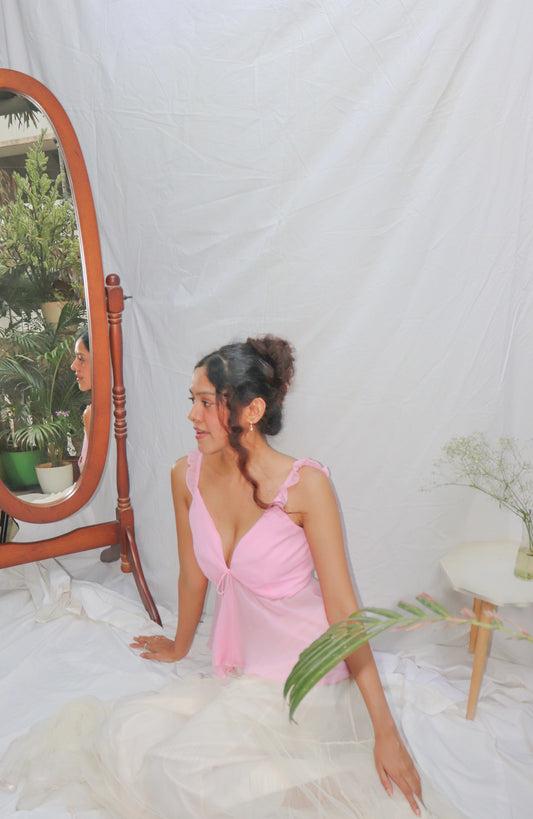 Baby Pink Top- Pink V-Neck Front Tie Georgette Top