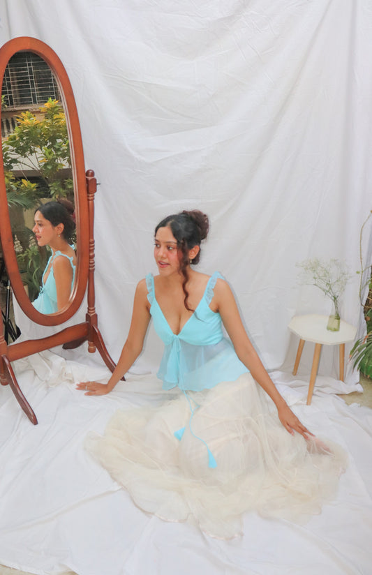 Sky Blue Top- Blue Front Tie V-Neck Georgette Top