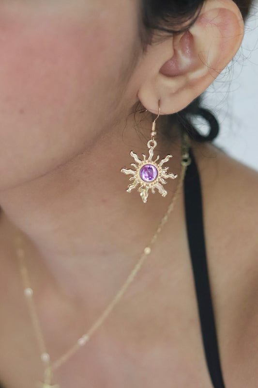 Gold Purple Stone Sun Earrings