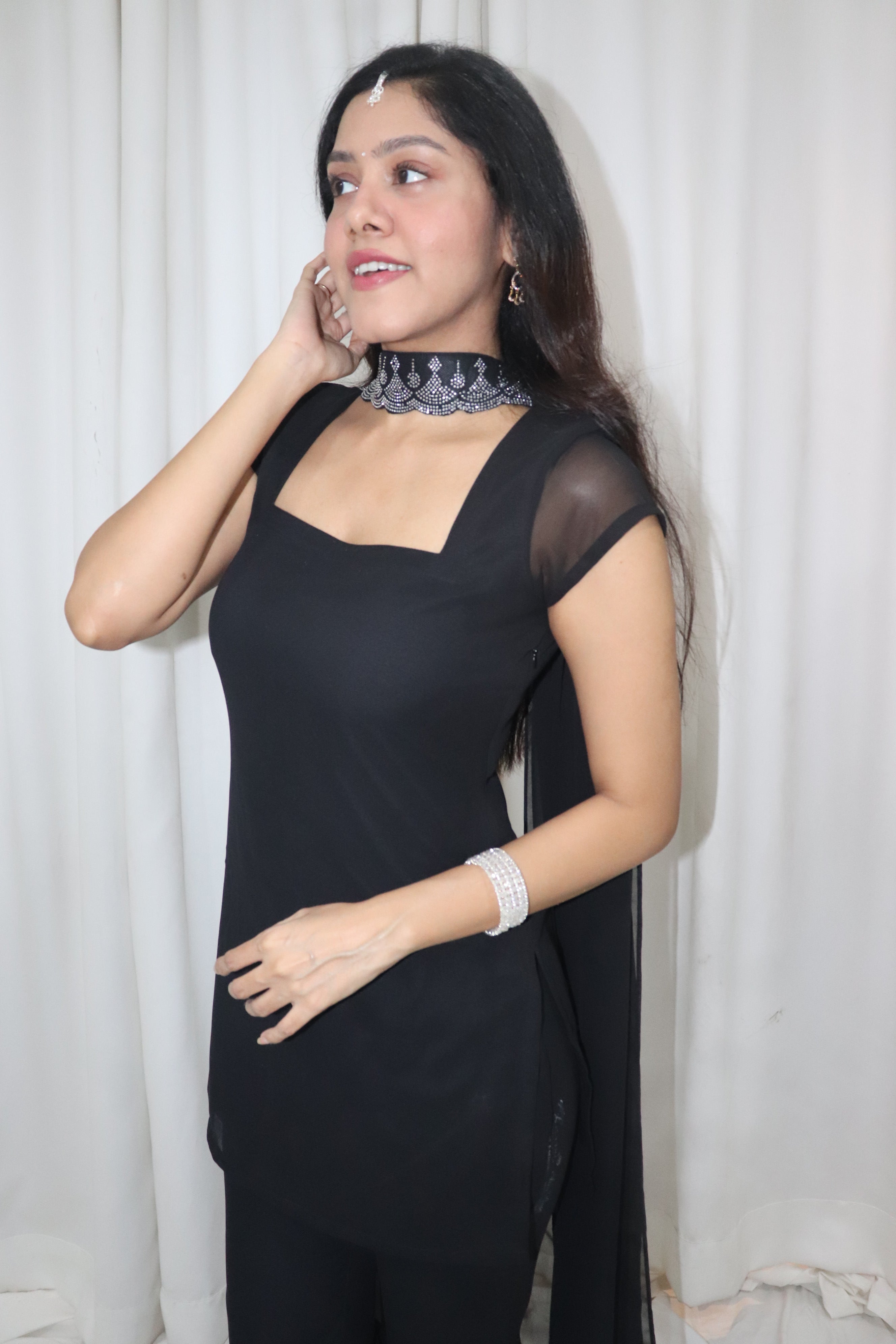 Tara Kurti Set- black kurti & pant set with embellished dupatta