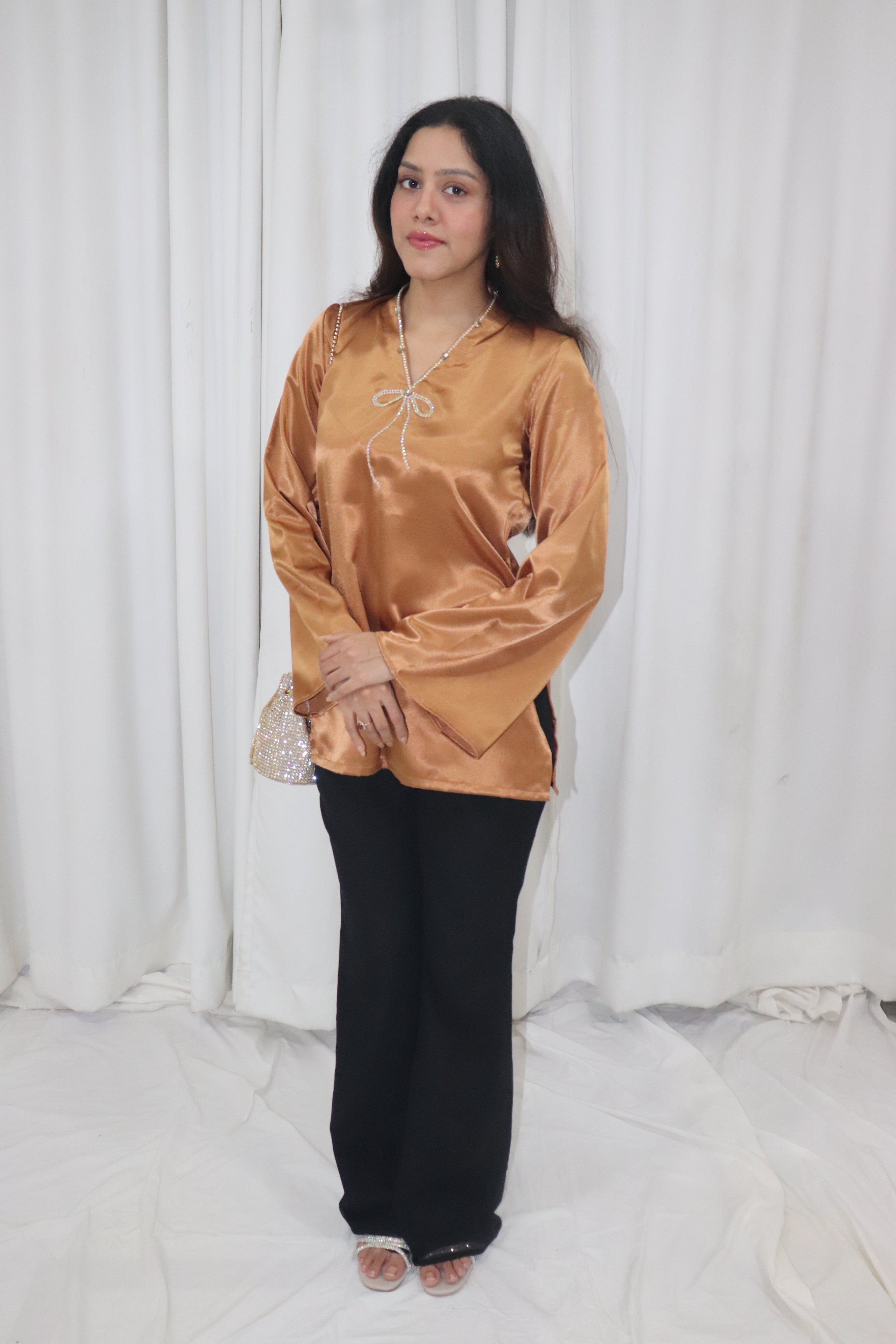 Haseena Kurti- golden short satin kurti with bow embroidery
