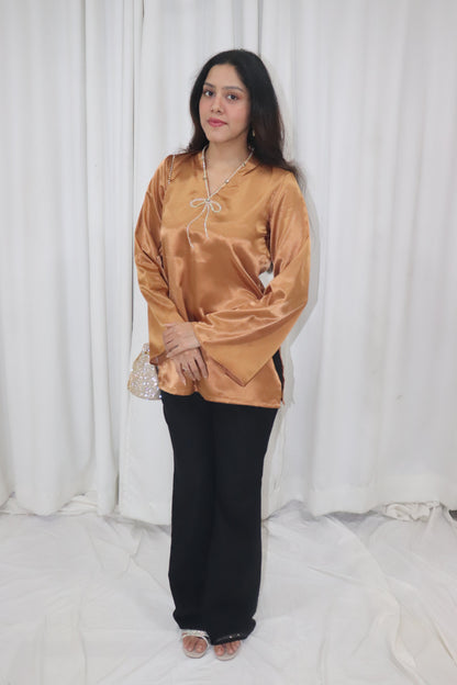 Haseena Kurti- golden short satin kurti with bow embroidery