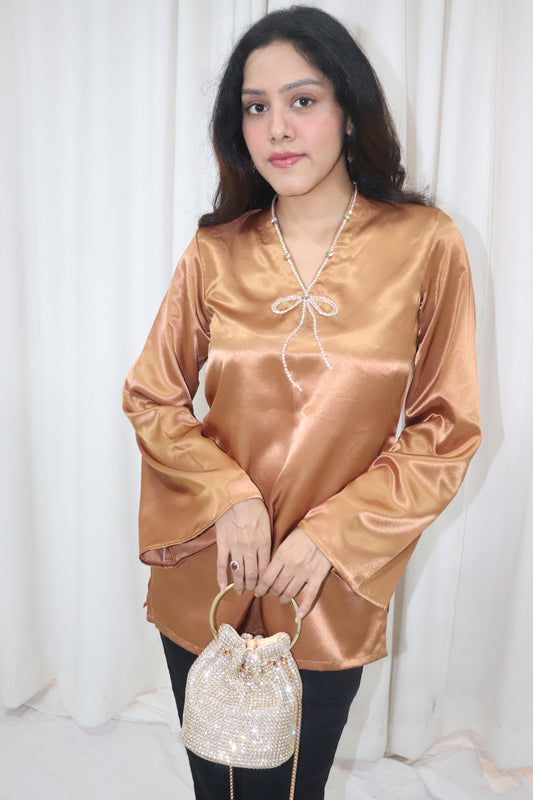 Haseena Kurti- golden short satin kurti with bow embroidery