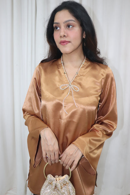 Haseena Kurti- golden short satin kurti with bow embroidery