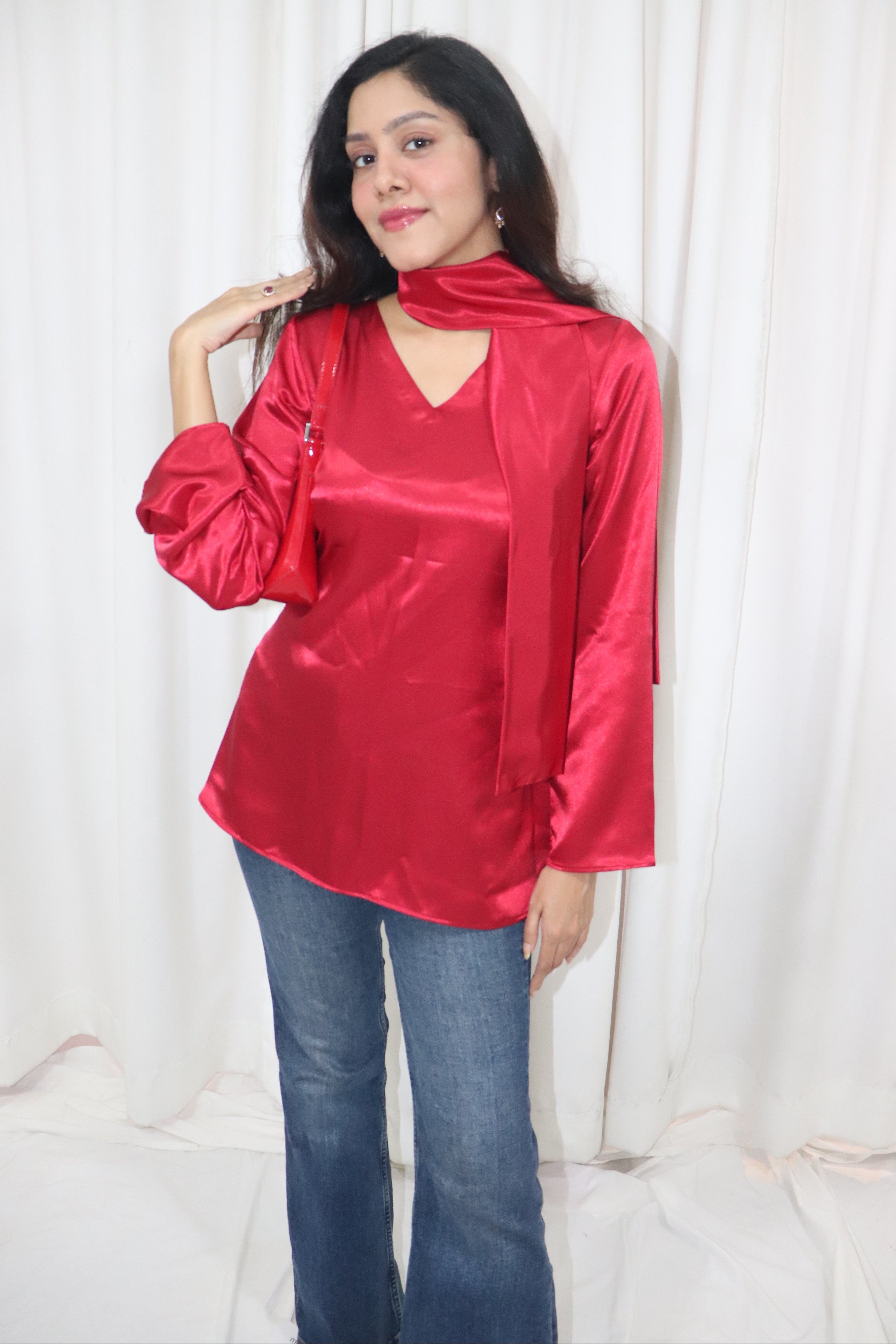 Dilruba Kurti- red satin short kurti with scarf