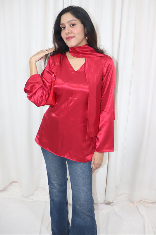 Dilruba Kurti- red satin short kurti with scarf