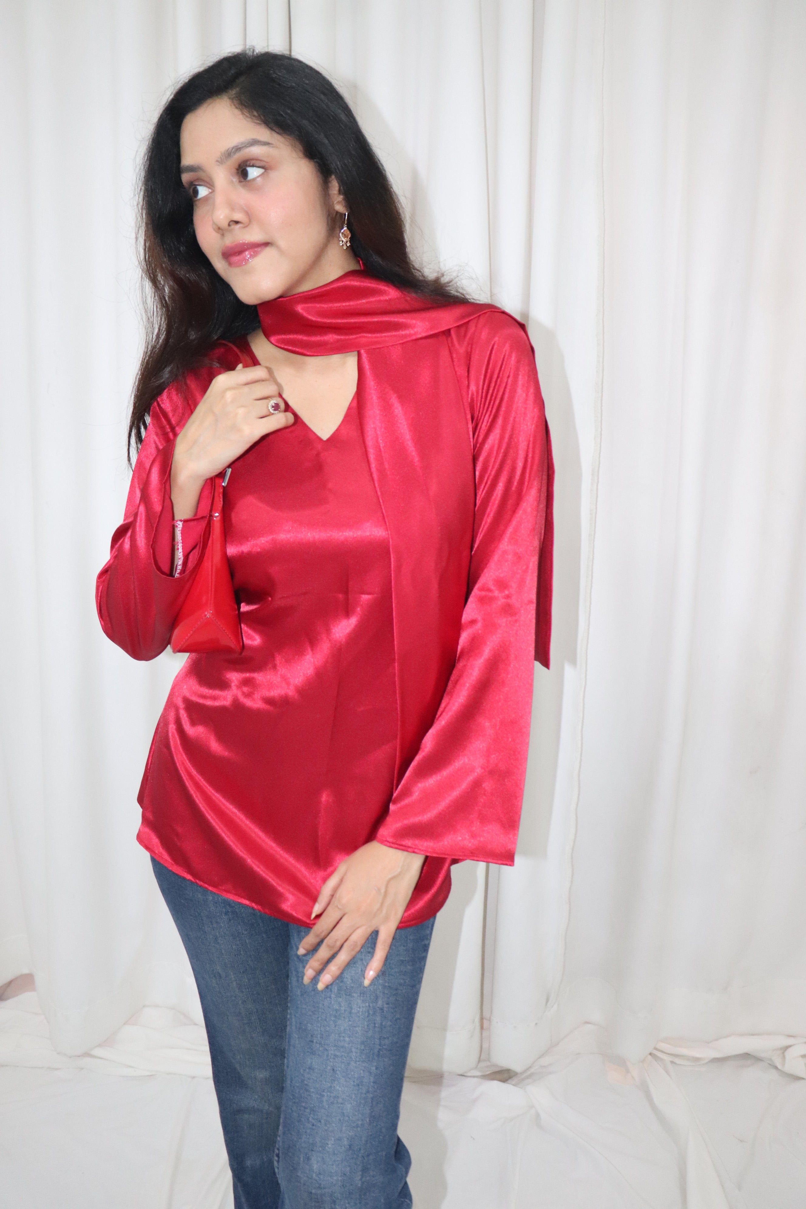 Dilruba Kurti- red satin short kurti with scarf
