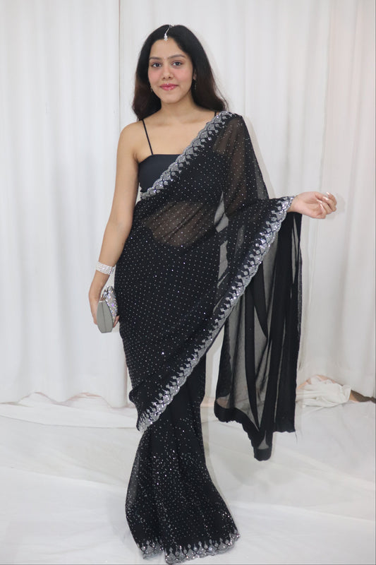 Chandni Saree- black georgette embellished saree with strappy blouse