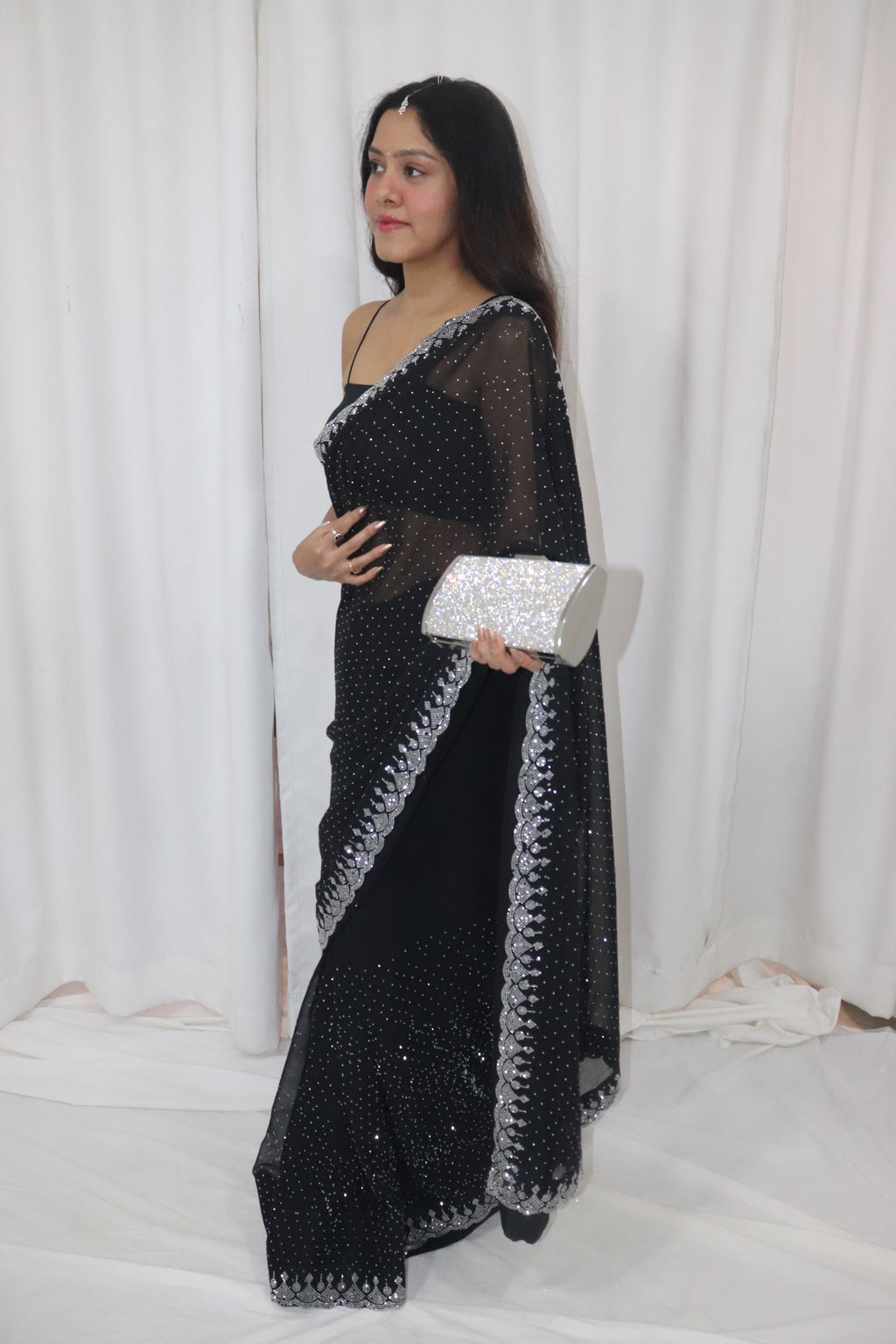 Chandni Saree- black georgette embellished saree with strappy blouse