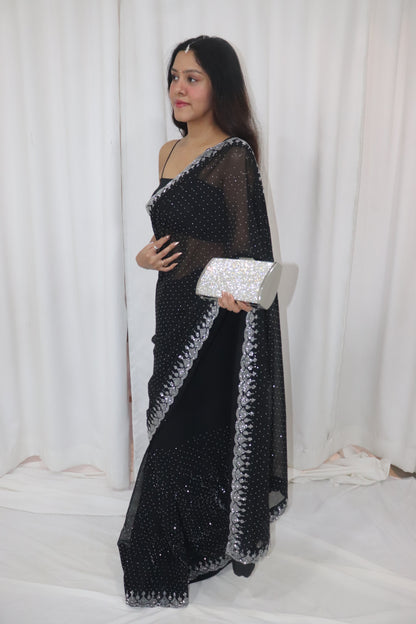 Chandni Saree- black georgette embellished saree with strappy blouse