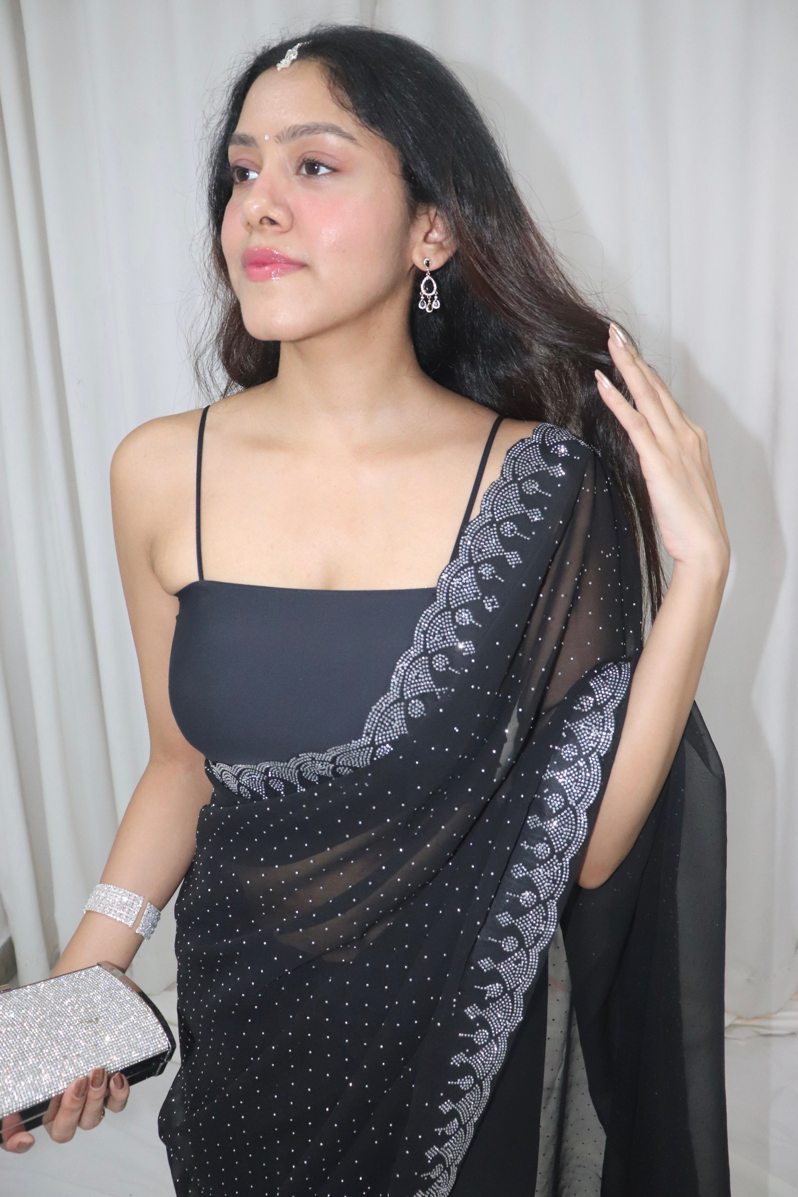 Chandni Saree- black georgette embellished saree with strappy blouse