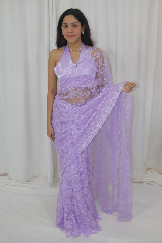 Bahaar Saree- lavender lace net saree with satin halter blouse