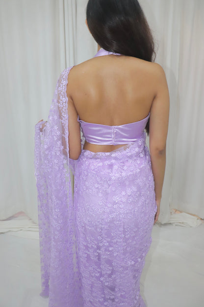 Bahaar Saree- lavender lace net saree with satin halter blouse