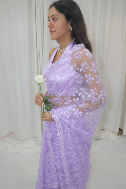 Bahaar Saree- lavender lace net saree with satin halter blouse