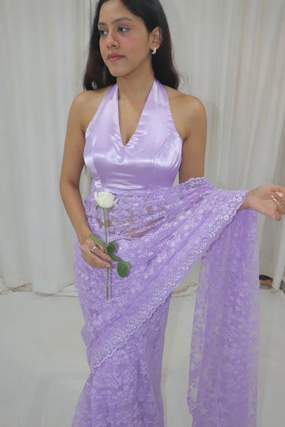 Bahaar Saree- lavender lace net saree with satin halter blouse
