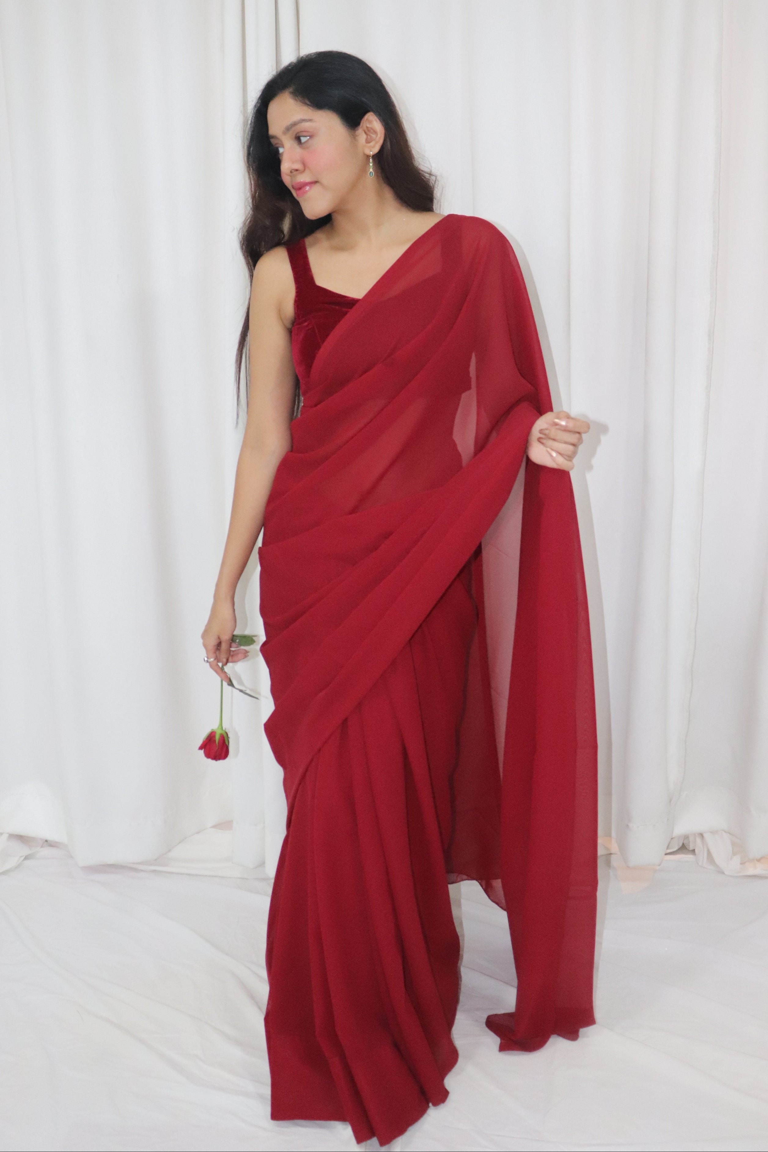 Gulab Saree- maroon georgette saree with velvet sleeveless blouse