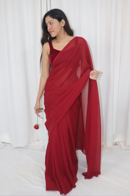 Gulab Saree- maroon georgette saree with velvet sleeveless blouse