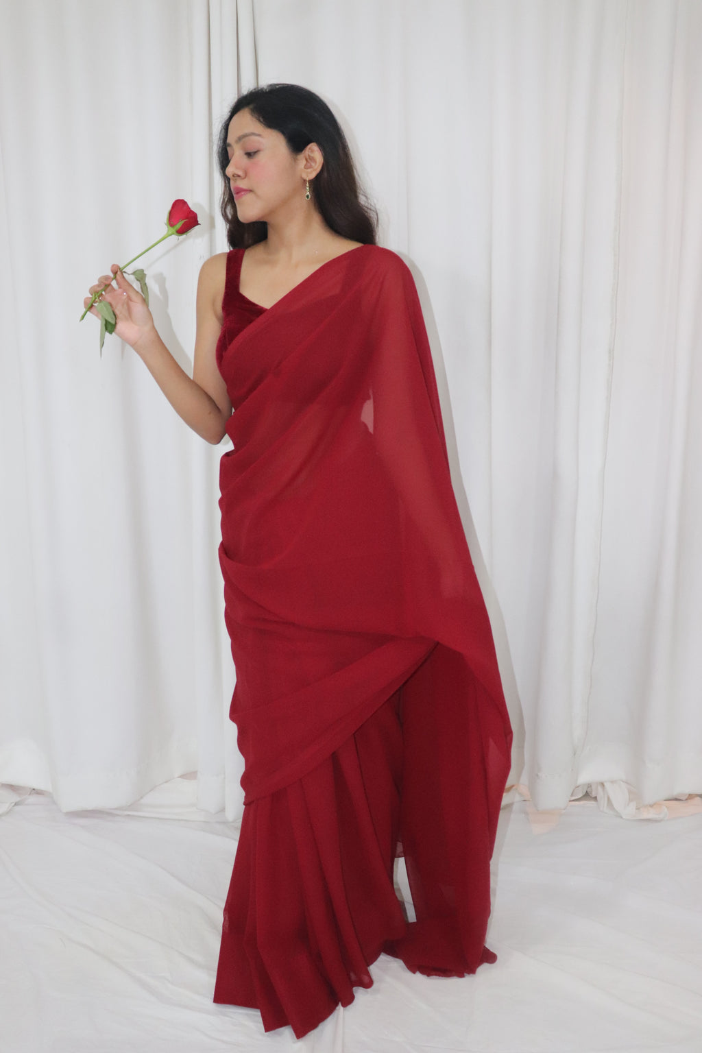 Gulab Saree- maroon georgette saree with velvet sleeveless blouse