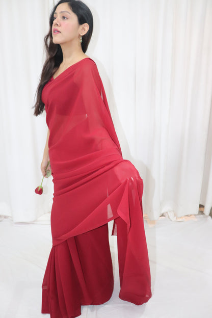 Gulab Saree- maroon georgette saree with velvet sleeveless blouse